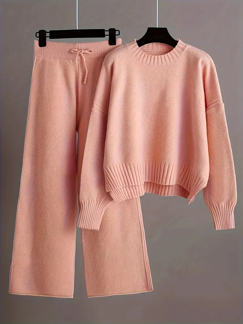 Solid Knit Set for Women | Long Sleeve Sweater and Wide-Legged Pants