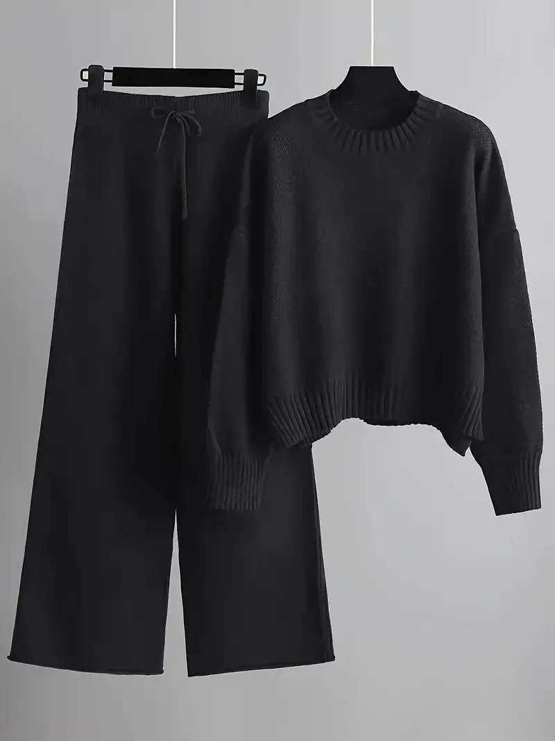 Solid Knit Set for Women | Long Sleeve Sweater and Wide-Legged Pants