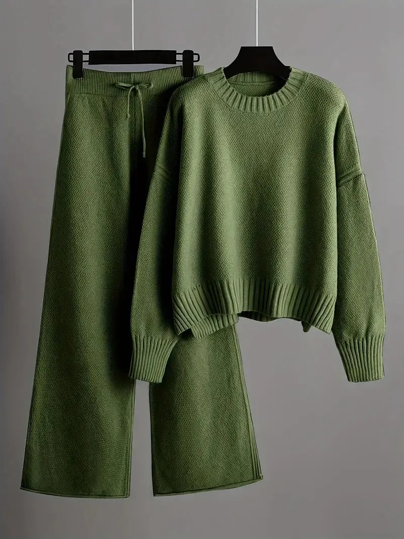 Solid Knit Set for Women | Long Sleeve Sweater and Wide-Legged Pants