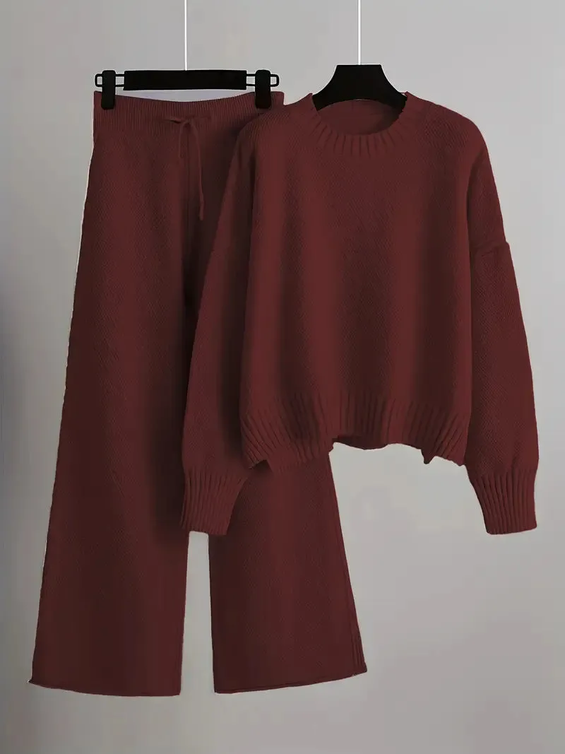 Solid Knit Set for Women | Long Sleeve Sweater and Wide-Legged Pants
