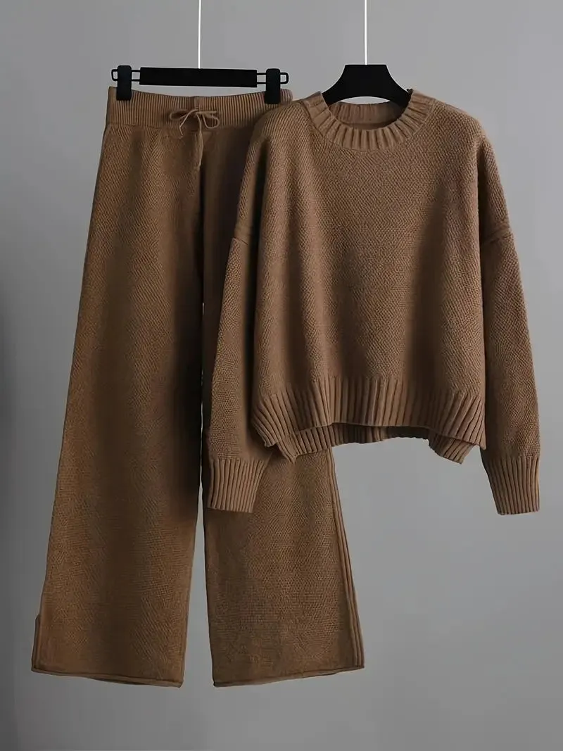 Solid Knit Set for Women | Long Sleeve Sweater and Wide-Legged Pants