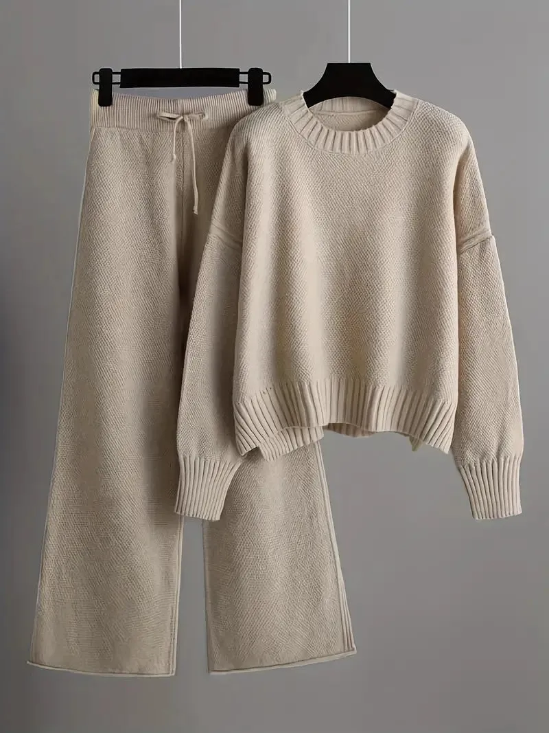Solid Knit Set for Women | Long Sleeve Sweater and Wide-Legged Pants