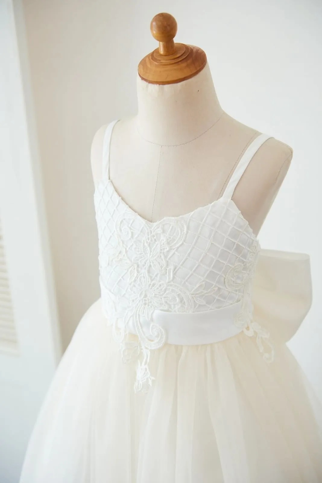 Spaghetti Straps Ivory Lace Champagne Tulle Wedding Flower Girl Dress