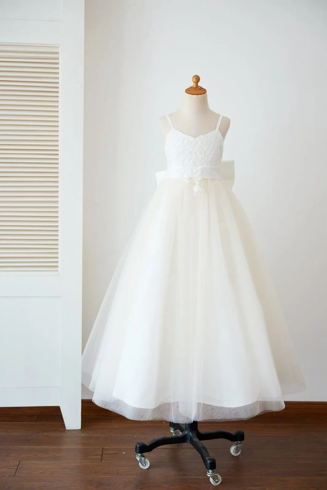 Spaghetti Straps Ivory Lace Champagne Tulle Wedding Flower Girl Dress