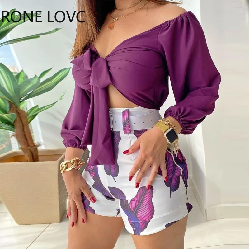 Spring V Neck Floral Print Tie Front Crop Top & Leaves Print Shorts Set
