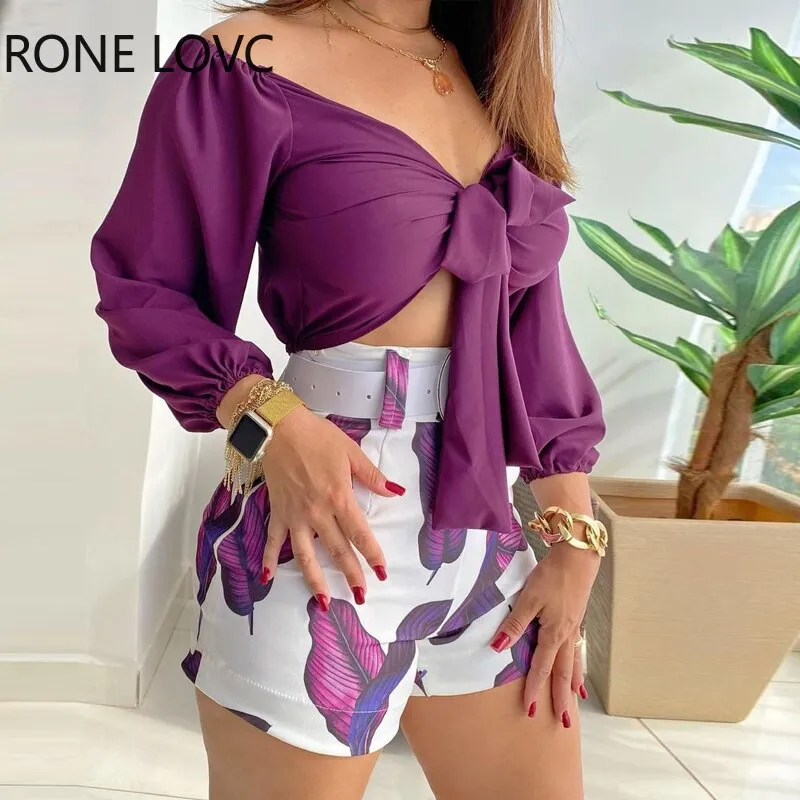 Spring V Neck Floral Print Tie Front Crop Top & Leaves Print Shorts Set