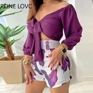 Spring V Neck Floral Print Tie Front Crop Top & Leaves Print Shorts Set