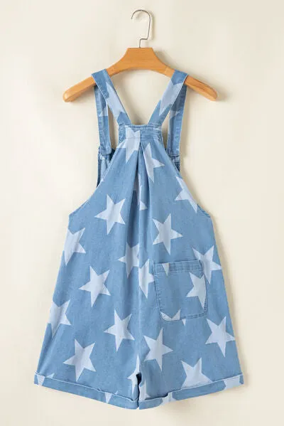 Star Print Square Neck Denim Overalls