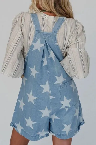 Star Print Square Neck Denim Overalls