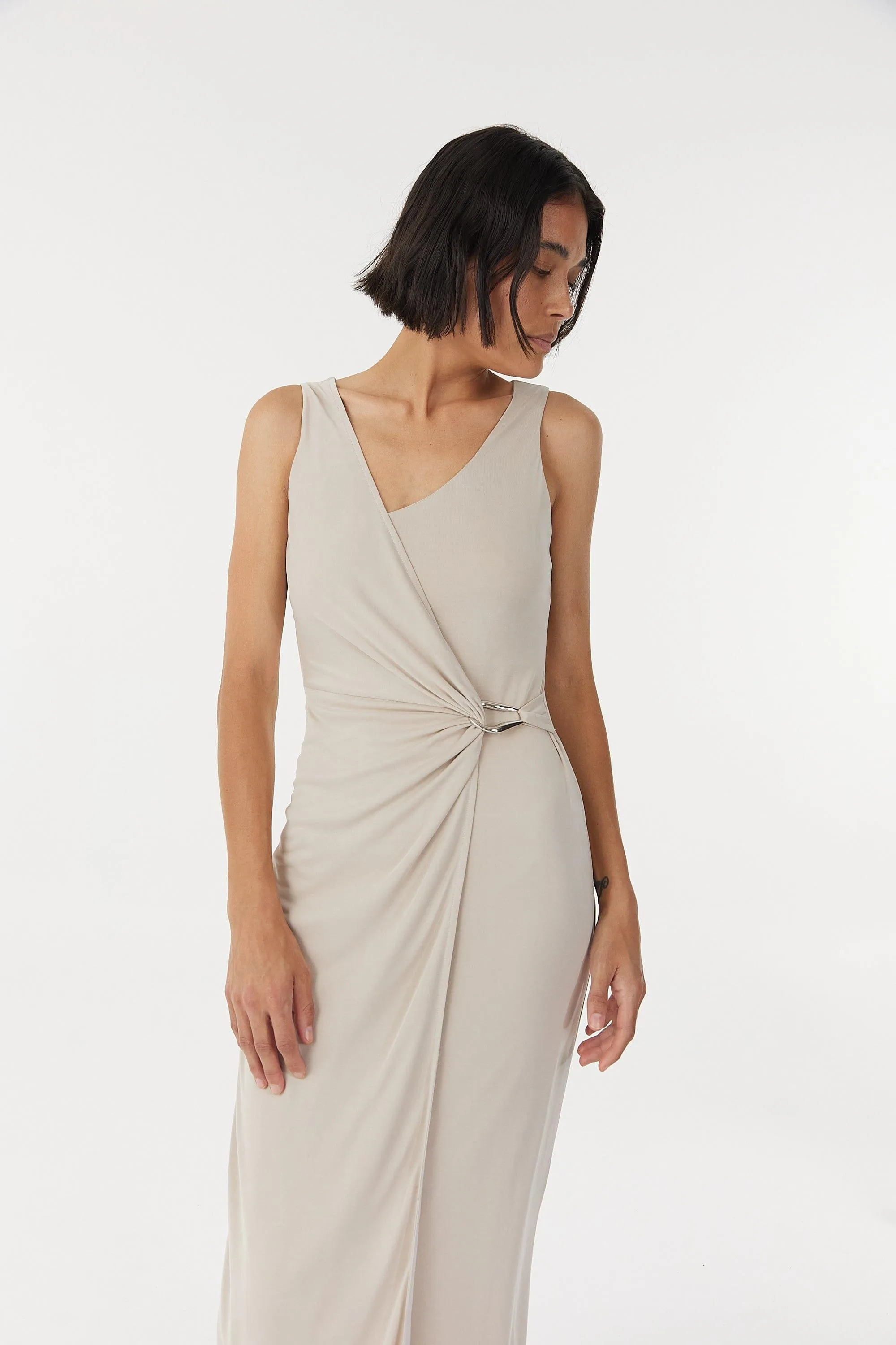STIRLING TWIST CROSS OVER MIDI DRESS | OYSTER GREY