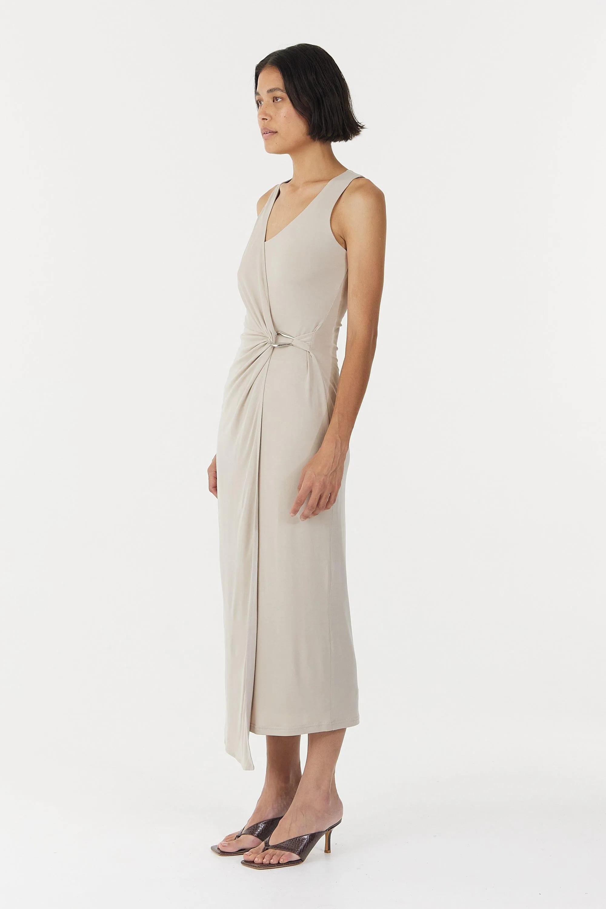 STIRLING TWIST CROSS OVER MIDI DRESS | OYSTER GREY
