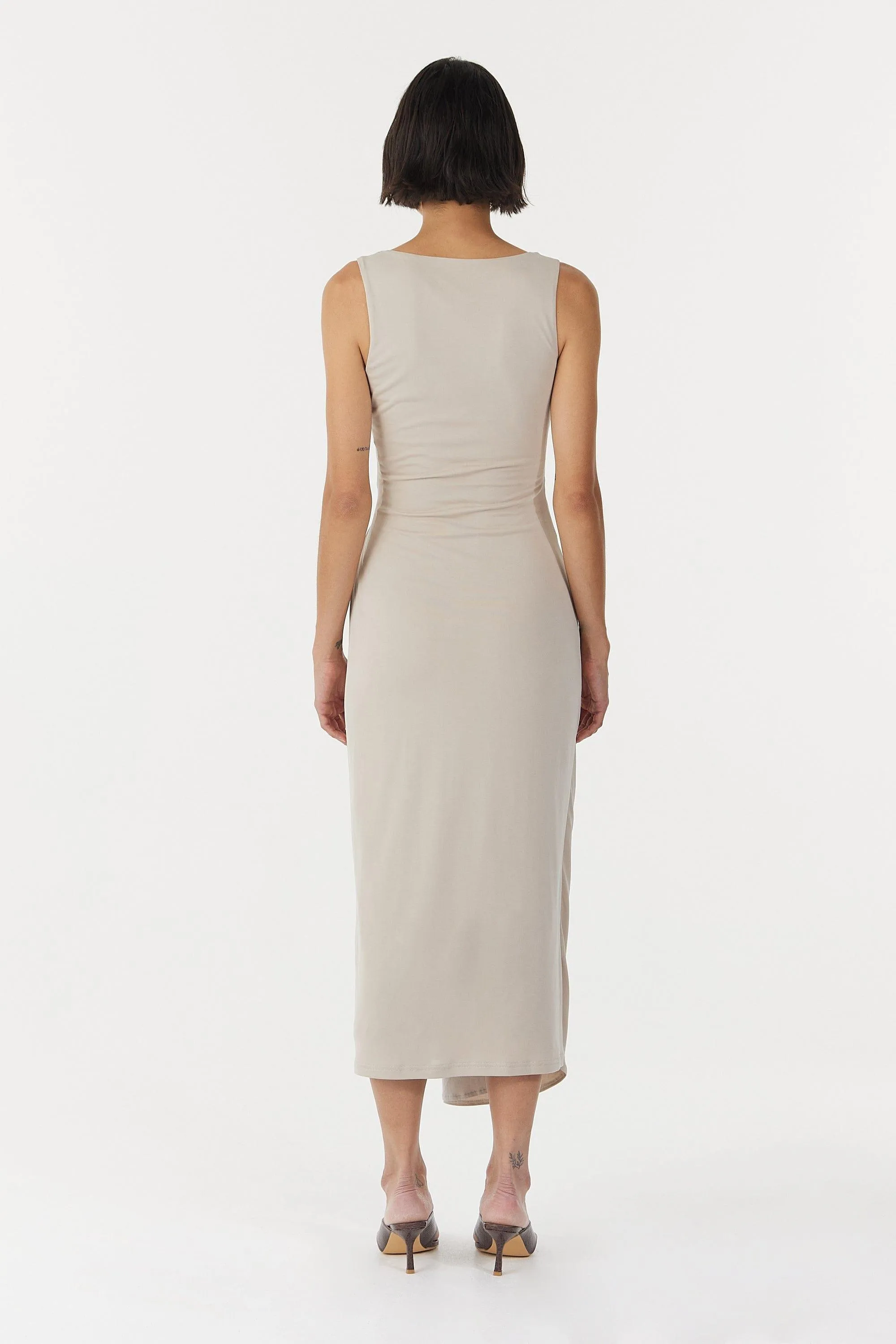 STIRLING TWIST CROSS OVER MIDI DRESS | OYSTER GREY