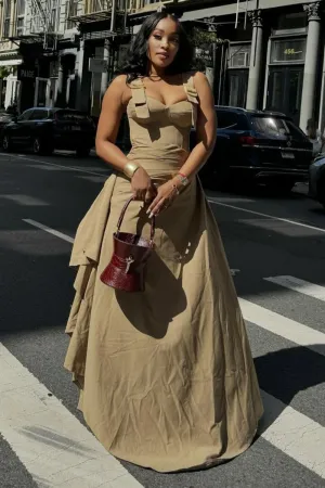 Straps Cinch Waist Sash Decor Cargo Sleeveless Maxi Dresses-Khaki