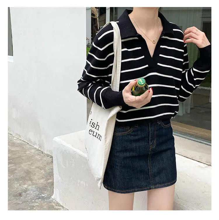 Striped Turn Down Collar Long Sleeve Sweater