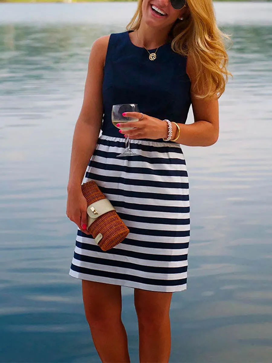 Stunncal Casual Crewneck Sleeveless Stripes Dress