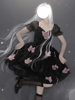 Sweet Lolita Dress Polyester Short Sleeves Lace Bows Ruffles Black Lolita One Piece Dress