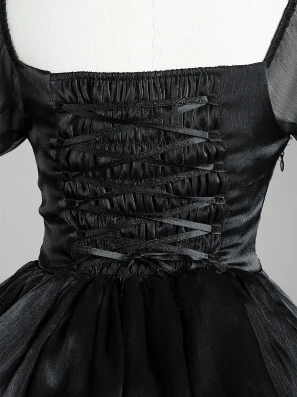 Sweet Lolita Dress Polyester Short Sleeves Lace Bows Ruffles Black Lolita One Piece Dress