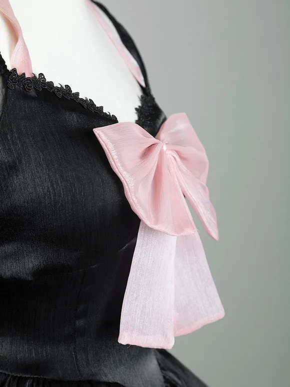 Sweet Lolita Dress Polyester Short Sleeves Lace Bows Ruffles Black Lolita One Piece Dress