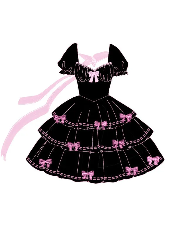 Sweet Lolita Dress Polyester Short Sleeves Lace Bows Ruffles Black Lolita One Piece Dress