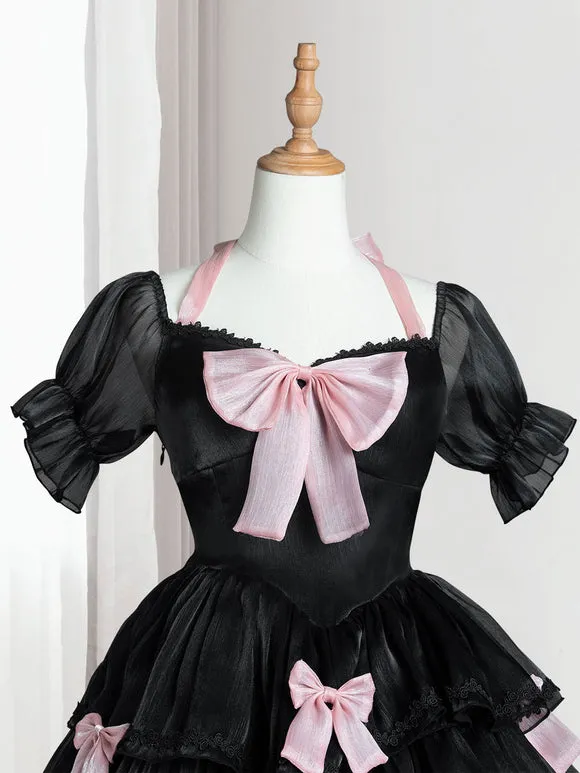 Sweet Lolita Dress Polyester Short Sleeves Lace Bows Ruffles Black Lolita One Piece Dress