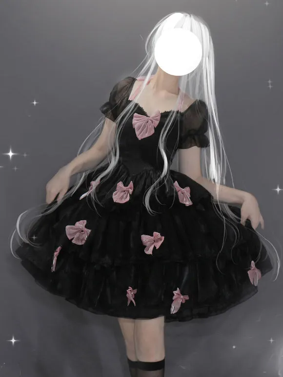 Sweet Lolita Dress Polyester Short Sleeves Lace Bows Ruffles Black Lolita One Piece Dress
