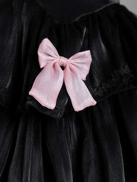 Sweet Lolita Dress Polyester Short Sleeves Lace Bows Ruffles Black Lolita One Piece Dress