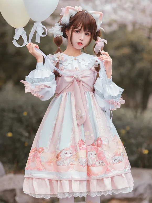 Sweet Lolita JSK Dress Pink Bowknots Sleeveless Daily Casual Lolilta Jumper Skirt