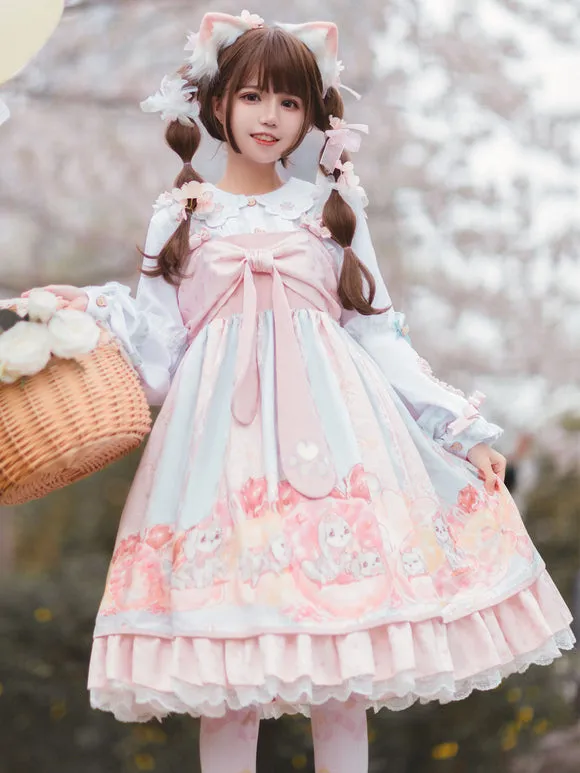 Sweet Lolita JSK Dress Pink Bowknots Sleeveless Daily Casual Lolilta Jumper Skirt