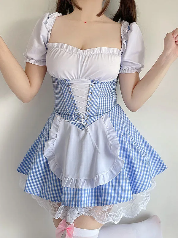 Sweet Lolita OP Dress Baby Blue Lace Up Plaid Ruffle Maid Lolita One Piece Dresses