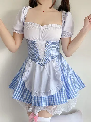 Sweet Lolita OP Dress Baby Blue Lace Up Plaid Ruffle Maid Lolita One Piece Dresses