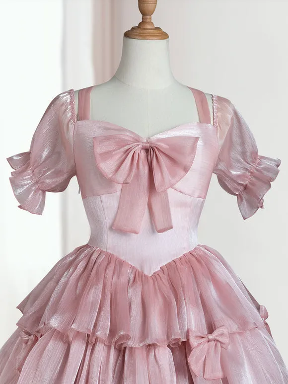Sweet Lolita OP Dress Polyester Short Sleeves Ruffles Bows Pink Lolita One Piece Dress
