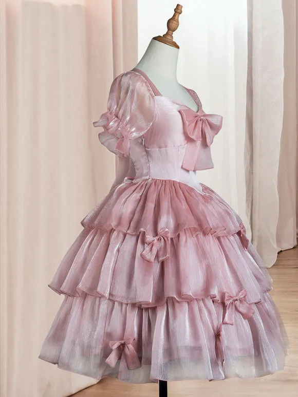 Sweet Lolita OP Dress Polyester Short Sleeves Ruffles Bows Pink Lolita One Piece Dress