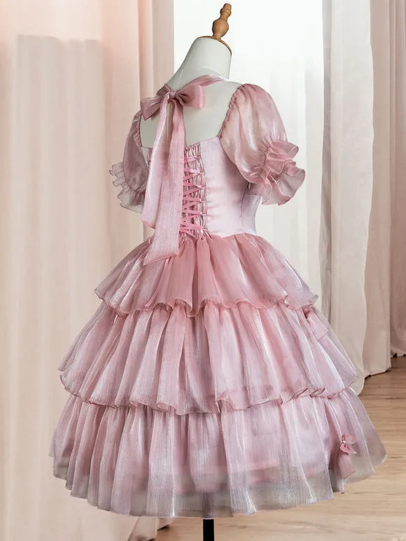 Sweet Lolita OP Dress Polyester Short Sleeves Ruffles Bows Pink Lolita One Piece Dress