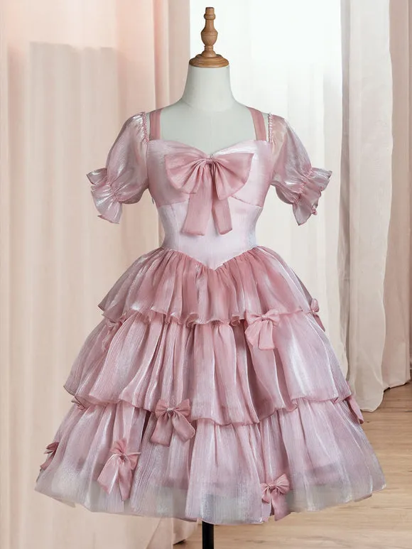Sweet Lolita OP Dress Polyester Short Sleeves Ruffles Bows Pink Lolita One Piece Dress