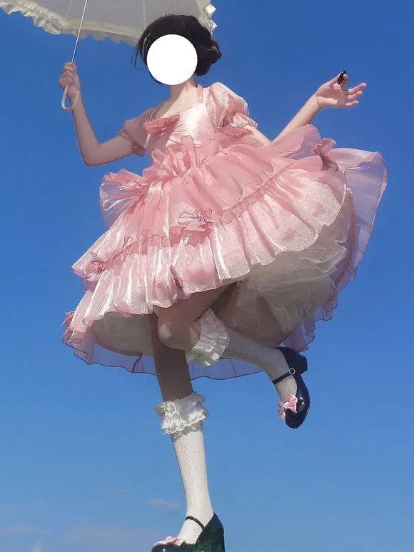Sweet Lolita OP Dress Polyester Short Sleeves Ruffles Bows Pink Lolita One Piece Dress