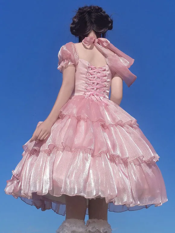Sweet Lolita OP Dress Polyester Short Sleeves Ruffles Bows Pink Lolita One Piece Dress