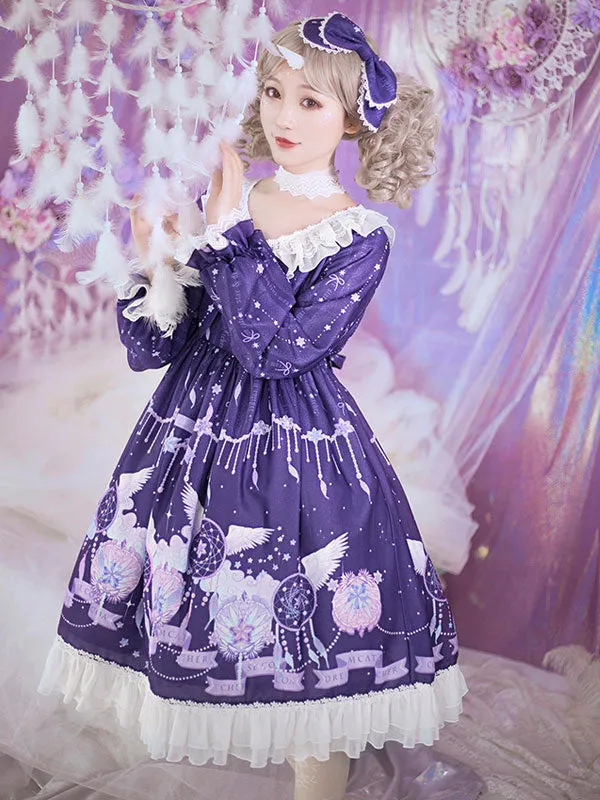 Sweet Lolita OP Dress Purple Long Sleeves Polyester Bows Daily Casual Lolita One Piece Dresses