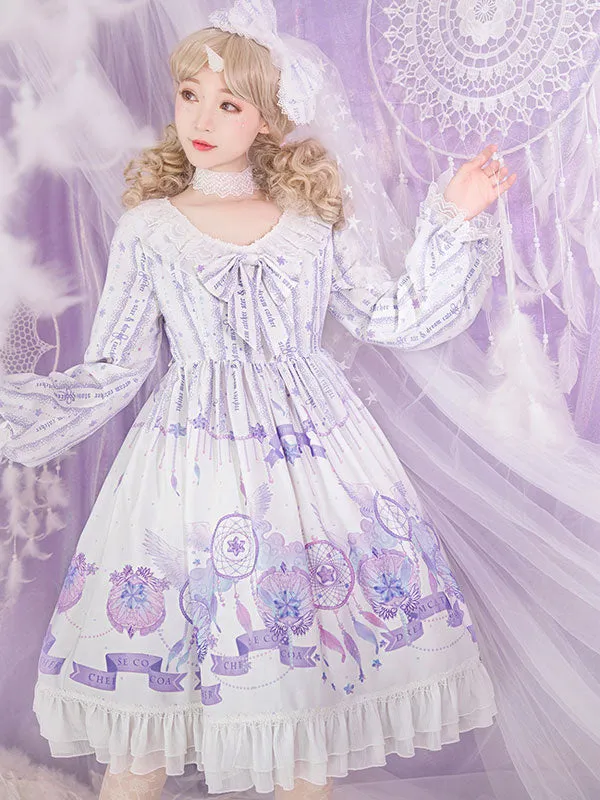 Sweet Lolita OP Dress Purple Long Sleeves Polyester Bows Daily Casual Lolita One Piece Dresses