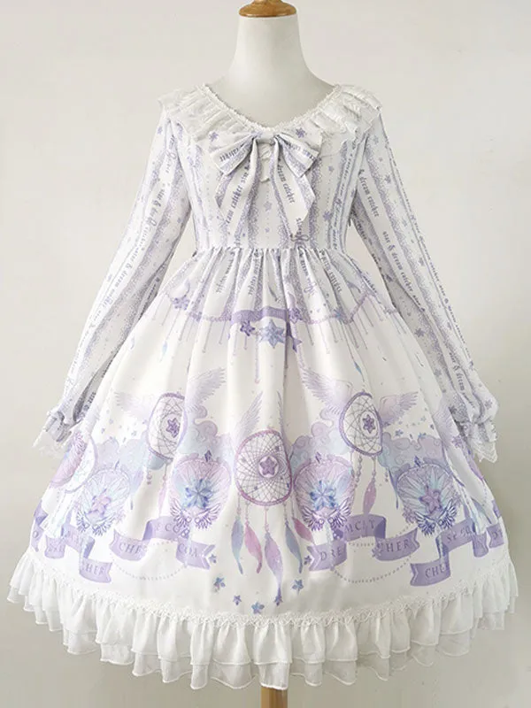 Sweet Lolita OP Dress Purple Long Sleeves Polyester Bows Daily Casual Lolita One Piece Dresses