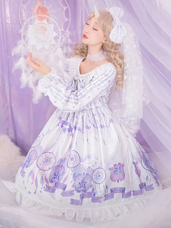 Sweet Lolita OP Dress Purple Long Sleeves Polyester Bows Daily Casual Lolita One Piece Dresses