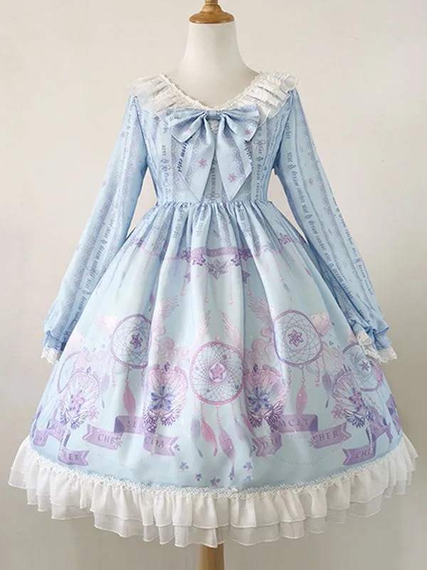 Sweet Lolita OP Dress Purple Long Sleeves Polyester Bows Daily Casual Lolita One Piece Dresses