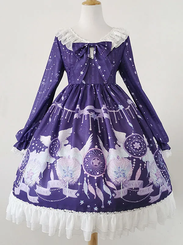 Sweet Lolita OP Dress Purple Long Sleeves Polyester Bows Daily Casual Lolita One Piece Dresses