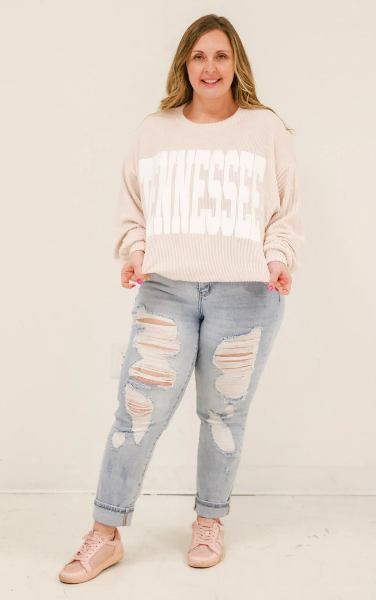 Tennessee Time Oversized Ribbed Pullover in Cream