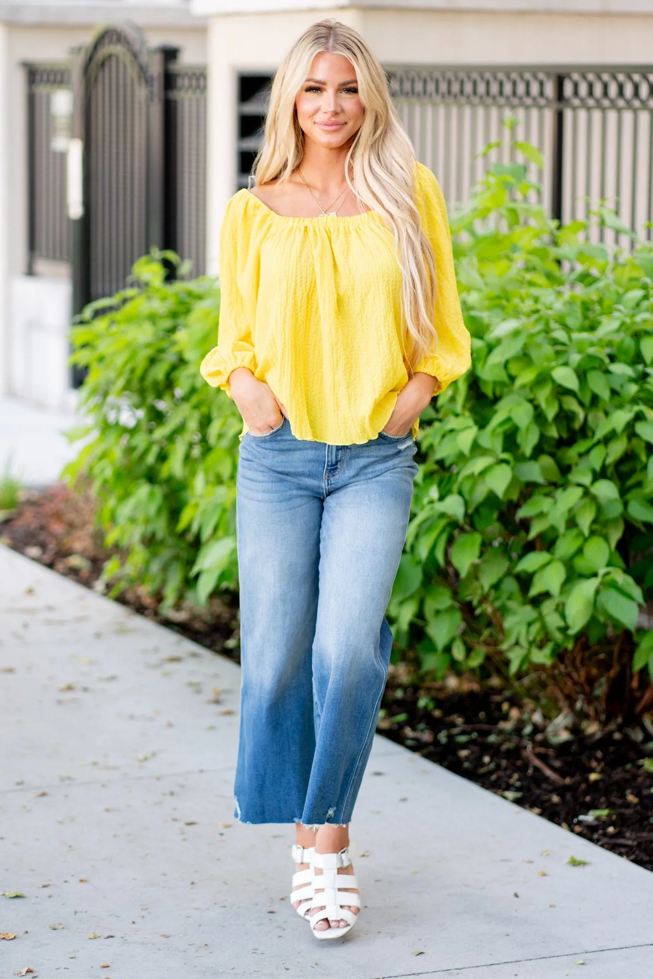 Texture Square Neck Puff Sleeve Top