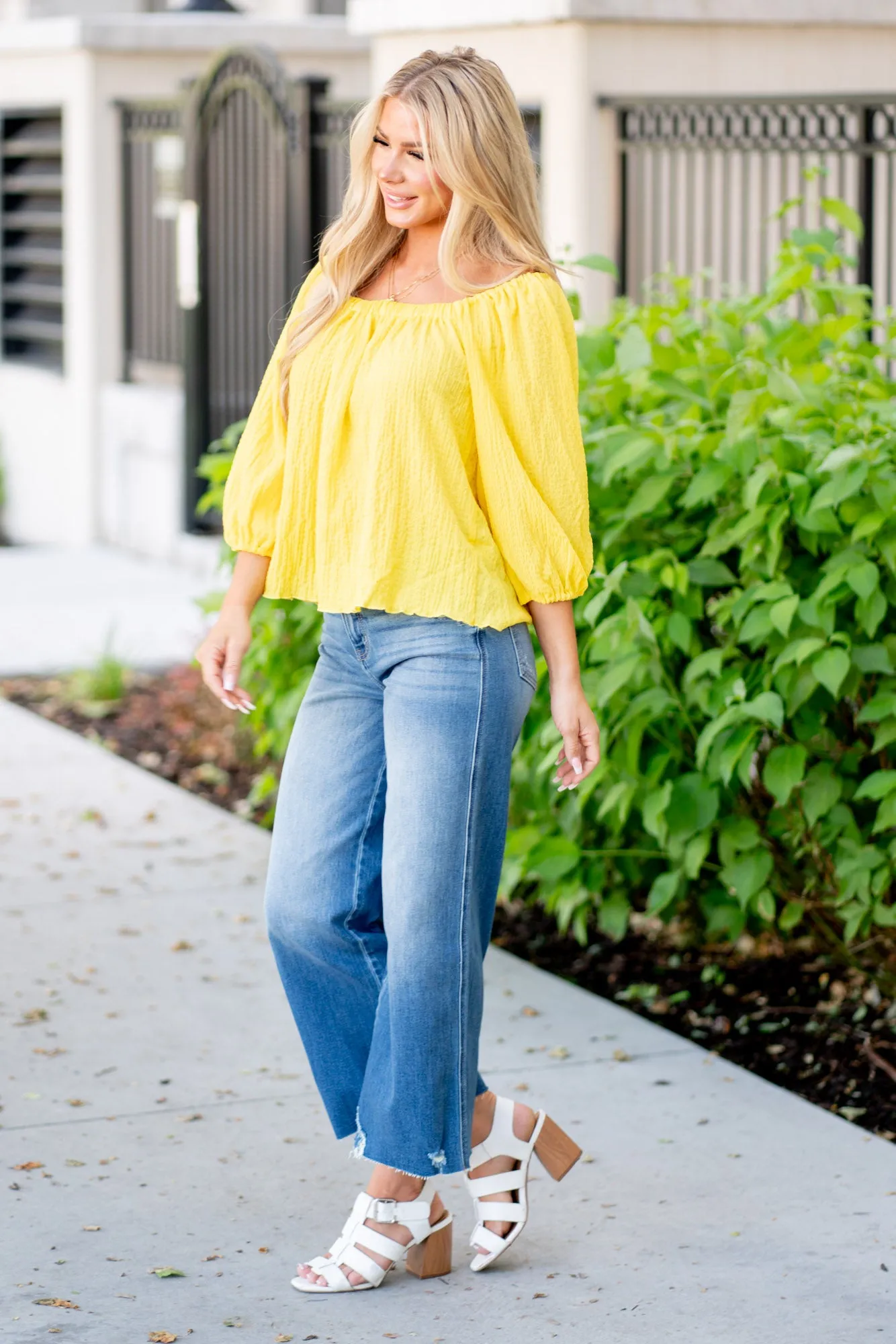 Texture Square Neck Puff Sleeve Top