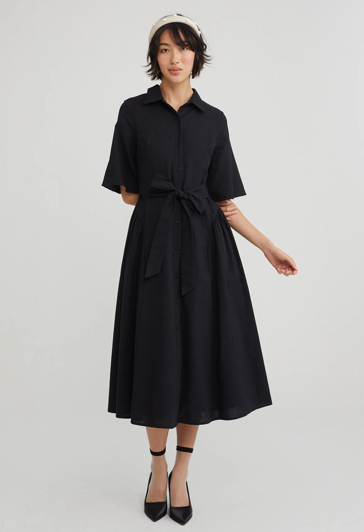 Tie Waist Collared Midi Dress
