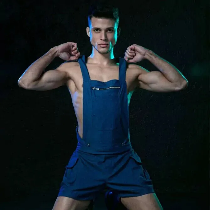 TOF PARIS Singlet Short Lightweight Denim Overalls Shorts Adjustable Straps Blue