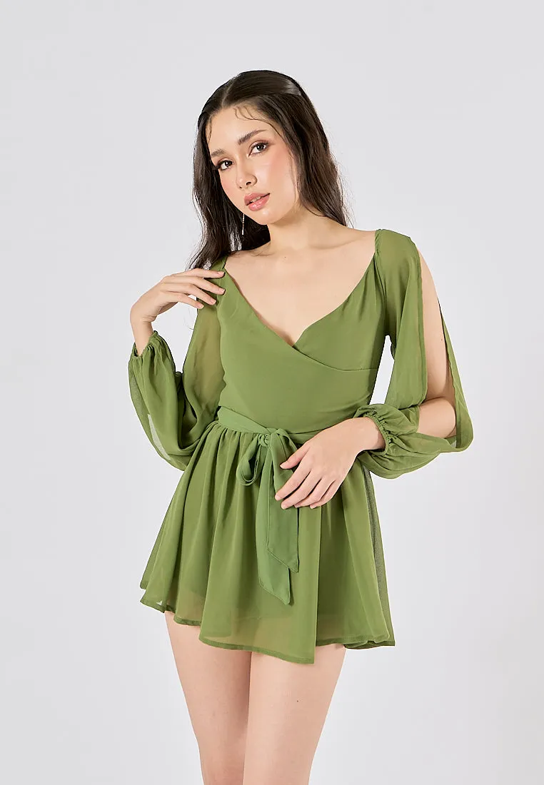 Torry Green Chiffon Hollow Balloon Sleeve Mini Dress