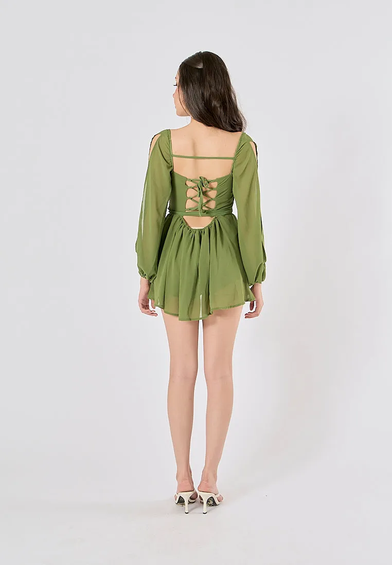 Torry Green Chiffon Hollow Balloon Sleeve Mini Dress