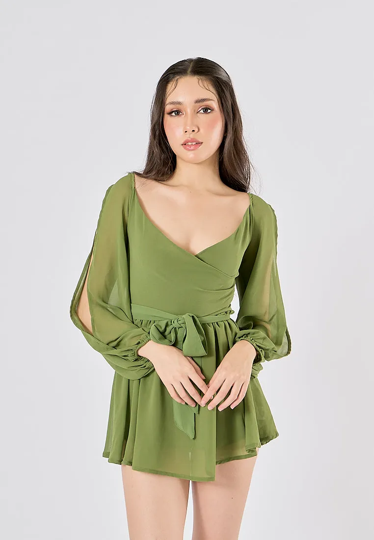 Torry Green Chiffon Hollow Balloon Sleeve Mini Dress